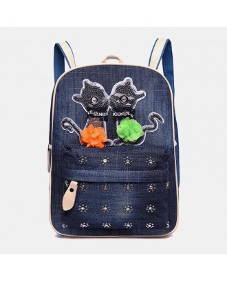 Women Canvas Cute Cat Print Patchwork Casual Backpack School Bag