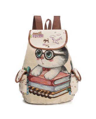 Canvas Casual Cartoon Cat Pattern School Bag Backpack Shoulder Bags Student Bags