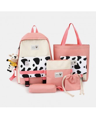 5 PCS Canvas Preppy Cow Pattern Multifunction Combination Bag Backpack Tote Crossbody Bag Clutch Wallet