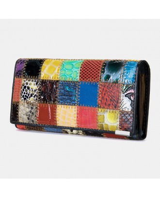 Women Genuine Leather Bifold Colored Geometric Pattern Multi-card Slot Card Case Money Clip Coin Purse Long Clutch Wallets