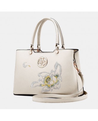 Women Vintage Chinese Style Gardenia Flower Embroidered Handbag Large Capacity Multi-pocket Multi-Carry PU Leahter Crossbody Bag