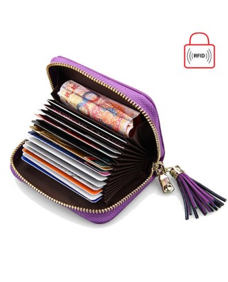 Women Genuine Leather RFID Quilted Card Holder Girls Tassel Zipper Short Wallet Coin Bags